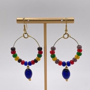 VTG 90s Beaded Hoop‎ Earrings Gold Tone Colorful Handmade Retro Boho Maximalist